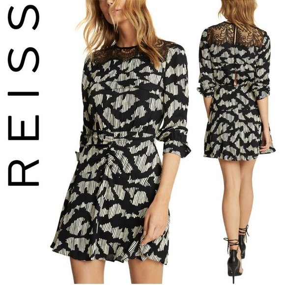 NEW Reiss Miya Abstract Ruched Long Sleeve Minidress 8 US - Picture 1 of 16